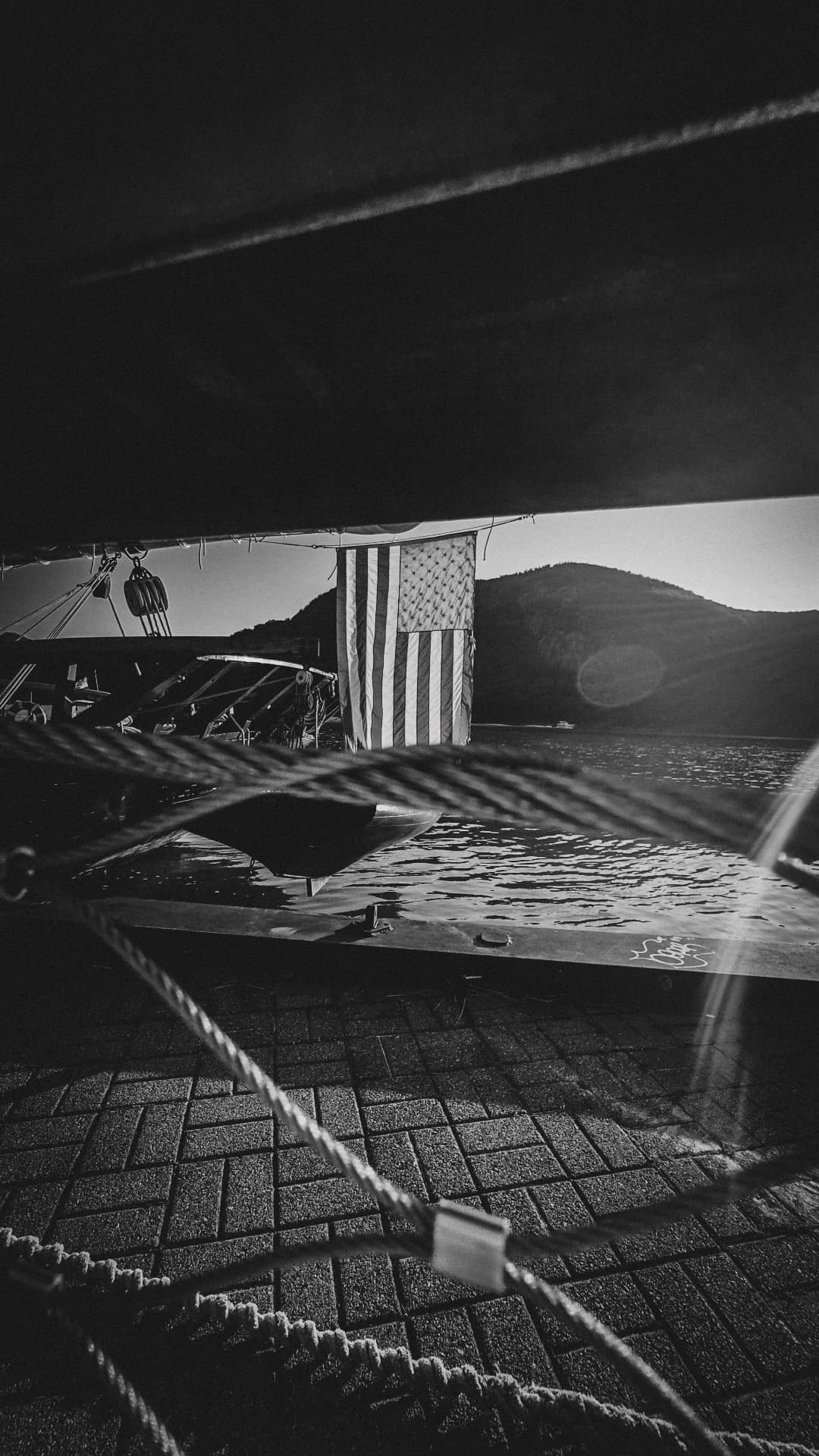 Black and white frame of a sailboat flag seen through harbor ropes
